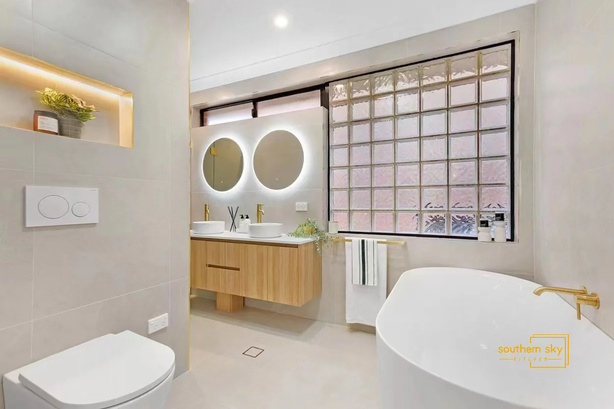 Luxurious bathroom elegance with sleek fixtures, modern design, and impeccable craftsmanship for a serene oasis experience.