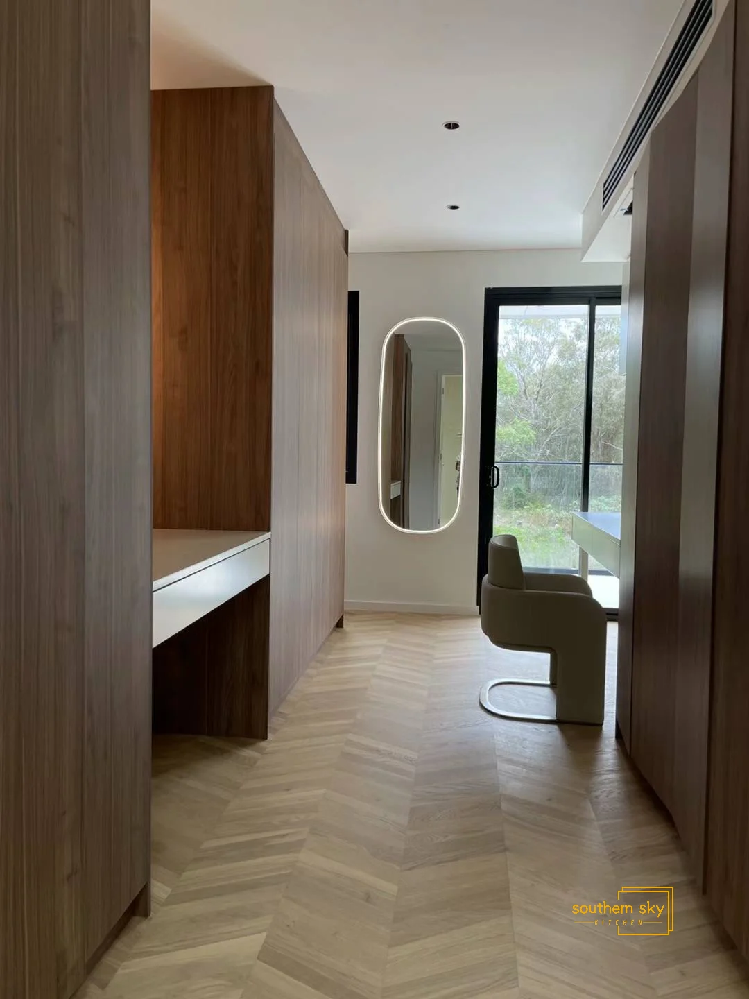 Elegant hallway with exquisite wood paneling, seamless design, and stylish accents, showcasing premium craftsmanship.